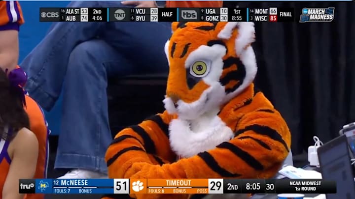 Clemson Tigers mascot The Tiger reacts after a McNeese State three-pointer in the NCAA tournament.