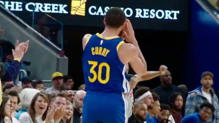 Klay Thompson remained pretty stoic on the bench after this shot by his former teammate. Klay Thompson remained pretty stoic on the bench after this shot by his former teammate.