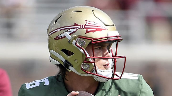 Apr 15, 2023; Tallahassee, FL, USA; Florida State Seminoles quarterback Dylan McNamara (16) drops back to throw during the spring game at Doak Campbell Stadium. Mandatory Credit: Melina Myers-Imagn Images