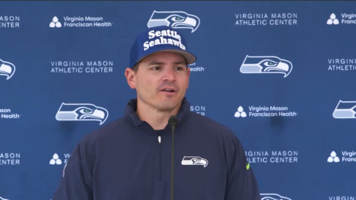 Seattle Seahawks coach Mike Macdonald speaks with reporters following the team's second open OTA practice.