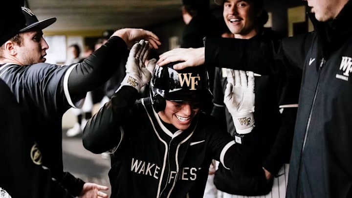 Wake Forest baseball team celebrates during Friday doubleheader action against LMU