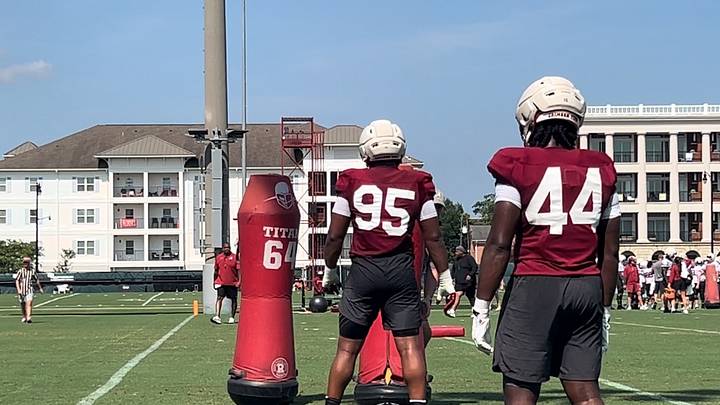 Alabama defensive lineman Nolan Wilson (44) and Leslie Black (95) at practice on August 10, 2026