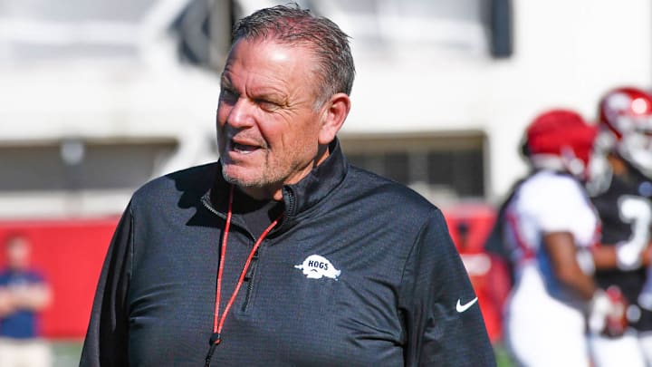 Arkansas Razorbacks coach Sam Pittman at spring practice on the outdoor practice fields in Fayetteville, Ark.