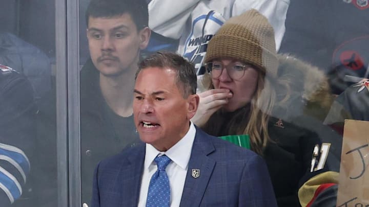 Mar 24, 2026; Winnipeg, Manitoba, CAN; Vegas Golden Knights head coach Bruce Cassidy looks on during a game against the Winnipeg Jets in the first period at Canada Life Centre. Mandatory Credit: James Carey Lauder-Imagn Images