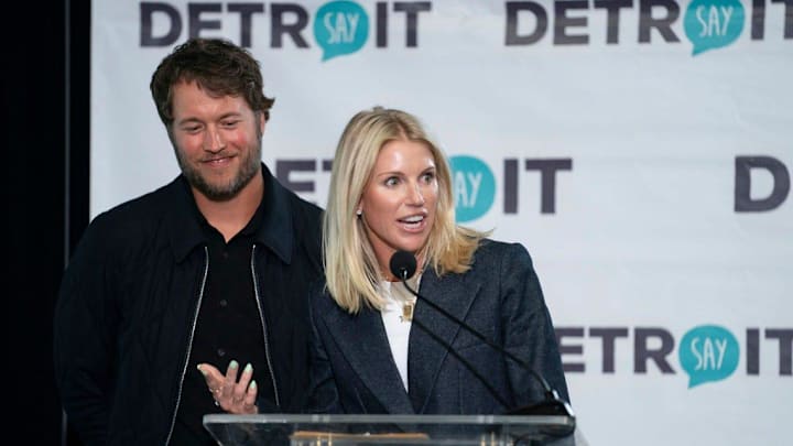Matthew and Kelly Stafford make remarks before the ribbon cutting for the Kelly and Matthew Stafford and Friends Education Center at the S.A.Y Detroit Play Center in Detroit on Monday, April 1, 2024. Matthew and Kelly Stafford make remarks before the ribbon cutting for the Kelly and Matthew Stafford and Friends Education Center at the S.A.Y Detroit Play Center in Detroit on Monday, April 1, 2024.