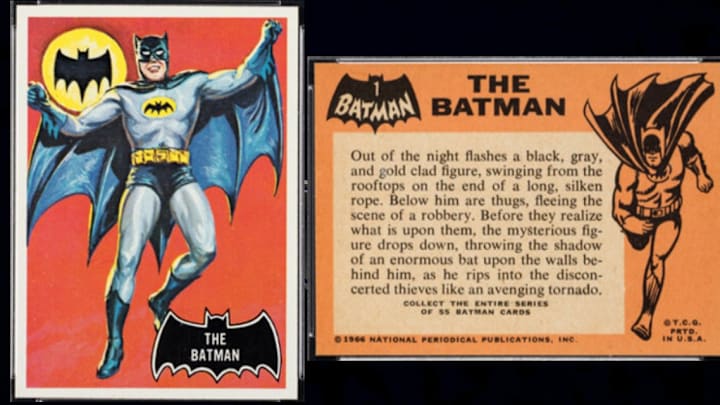 Front and back of 1966 Batman #1 "rookie" card Front and back of 1966 Batman #1 "rookie" card