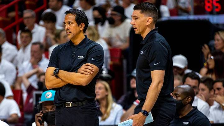 Miami Heat head coach Erik Spoelstra and assistant coach Chris Quinn watch their players from the sideline during the first half of Game 2 of the Eastern Conference finals against the Boston Celtics in Miami on May 19, 2022. Miami Heat head coach Erik Spoelstra and assistant coach Chris Quinn watch their players from the sideline during the first half of Game 2 of the Eastern Conference finals against the Boston Celtics in Miami on May 19, 2022.