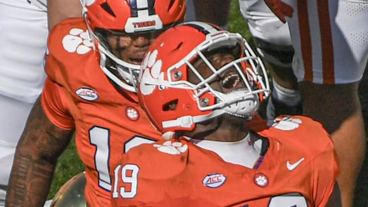 Nov 4, 2023; Clemson, South Carolina, USA; Clemson Tigers defensive lineman DeMonte Capehart (19) reacts after tackling Notre Dame Fighting Irish running back Audric Estime (7) during the first quarter at Memorial Stadium. Mandatory Credit: Ken Ruinard-USA TODAY Sports