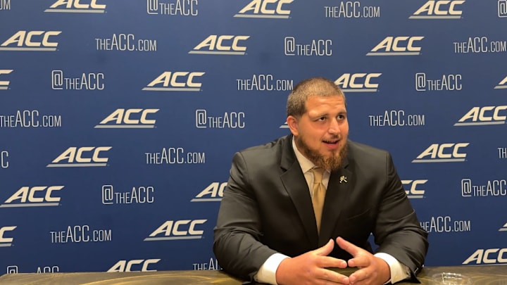 Wake Forest center Devin Kylany speaks to the media in a breakout session at ACC Kickoff on July 23. 