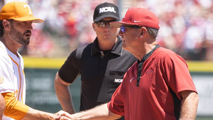 Tennessee Volunteers coach Tony Vitello and Arkansas Razorback coach Dave Van Horn before Sunday's Super Regional at Baum-Walker Stadium. Tennessee Volunteers coach Tony Vitello and Arkansas Razorback coach Dave Van Horn before Sunday's Super Regional at Baum-Walker Stadium.