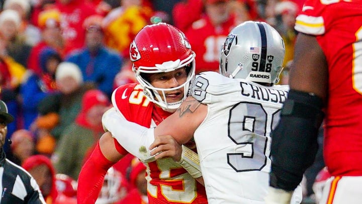Nov 29, 2024; Kansas City, Missouri, USA; Kansas City Chiefs quarterback Patrick Mahomes (15) is sacked by Las Vegas Raiders defensive end Maxx Crosby (98) during the second half at GEHA Field at Arrowhead Stadium. Mandatory Credit: Denny Medley-Imagn Images Nov 29, 2024; Kansas City, Missouri, USA; Kansas City Chiefs quarterback Patrick Mahomes (15) is sacked by Las Vegas Raiders defensive end Maxx Crosby (98) during the second half at GEHA Field at Arrowhead Stadium. Mandatory Credit: Denny Medley-Imagn Images