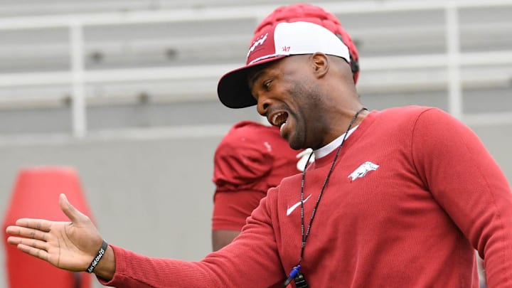 Arkansas Razorbacks linebackers coach and defensive coordinator Travis Williams making a point in spring practice drills inside Razorback Stadium in Fayetteville, Ark. Arkansas Razorbacks linebackers coach and defensive coordinator Travis Williams making a point in spring practice drills inside Razorback Stadium in Fayetteville, Ark.