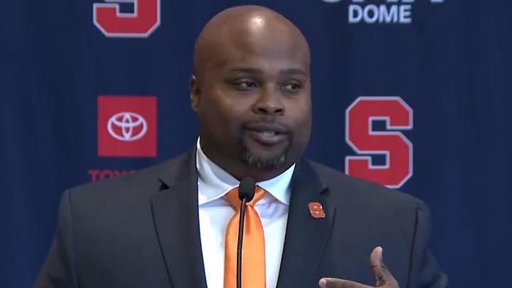 Syracuse University Director of Athletics Bryan Blair speaks to the audience at his introductory press conference, March 19, 2026 at the JMA Wireless Dome.