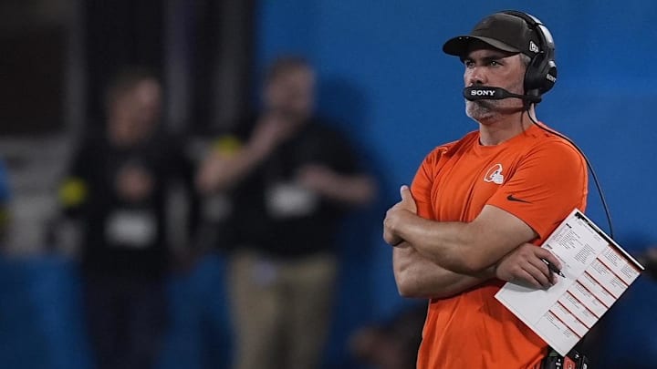 Aug 8, 2025; Charlotte, North Carolina, USA; Cleveland Browns head coach Kevin Stefanski during the second quarter against the Carolina Panthers at Bank of America Stadium. Mandatory Credit: Jim Dedmon-Imagn Images