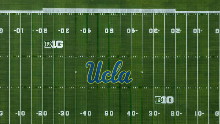 May 2, 2026; Pasadena, CA, USA; A general overall view of the UCLA Bruins and Big Ten Conference logos on the field at the Rose Bowl. Mandatory Credit: Kirby Lee-Imagn Images
