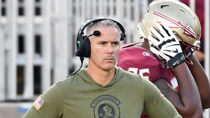 Nov 2, 2024; Tallahassee, Florida, USA; Florida State Seminoles head coach Mike Norvell looks on from the sideline after the North Carolina Tarheels score a final touchdown in the fourth quarter at Doak S. Campbell Stadium. Mandatory Credit: Robert Myers-Imagn Images