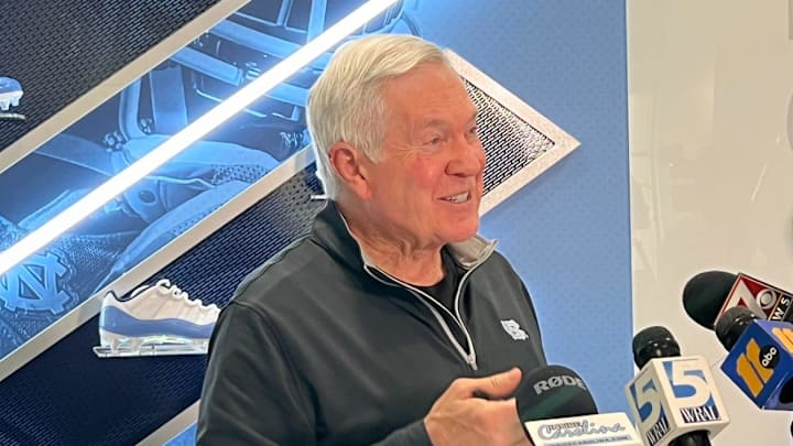 UNC football coach Mack Brown during media availability on Feb. 7, 2024 at the Kenan Football Center in Chapel Hill.