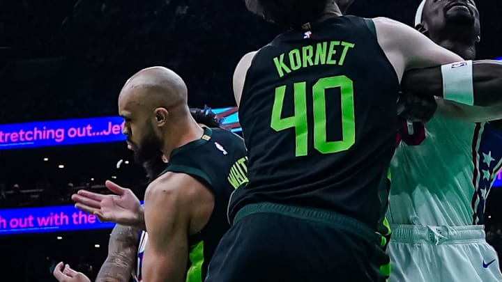 Boston Celtics guard White appears to have lost a tooth as they take on the Philadelphia 76ers in the second quarter at TD Garden. 