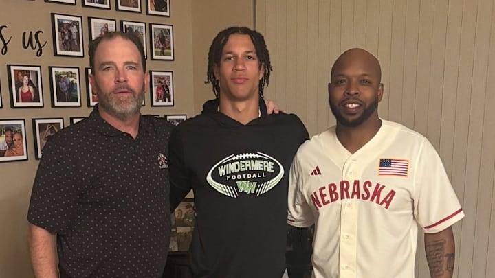 CJ Bronaugh with Nebraska defensive coordinator John Butler, left, and defensive backs coach Addison Williams in May 2025.