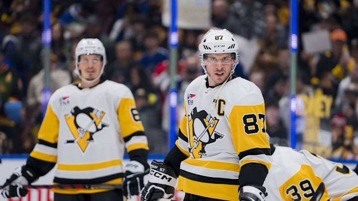 Pittsburgh Penguins forward Sidney Crosby (87) rests during warm up prior to a game against the Vancouver Canucks at Rogers Arena.