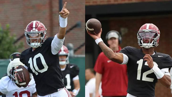 Alabama Quarterbacks Austin Mack (10) and Keelon Russell (12) in Spring Practice Alabama Quarterbacks Austin Mack (10) and Keelon Russell (12) in Spring Practice