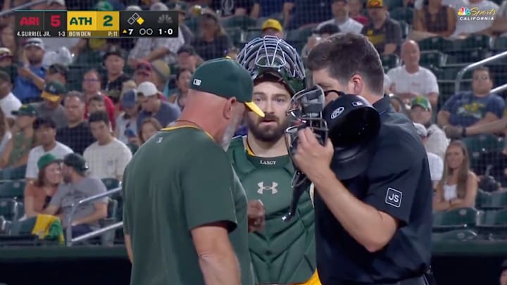 Athletics manager Mark Kotsay was tossed from Saturday night's game. 
