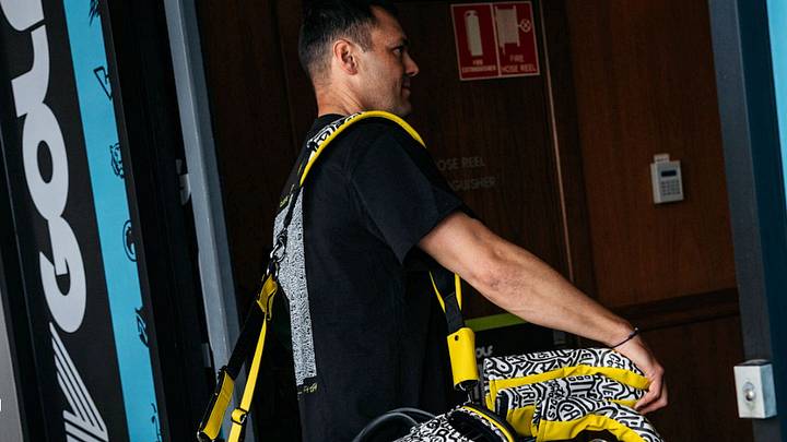 Cleeks Team Captain Martin Kaymer carries a custom golf bag by designer Timothy Goodman as part of the team’s Art of Golf program at LIV Golf Adelaide on January 14, 2026. 