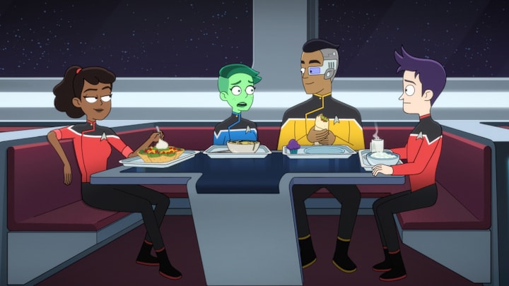 Tawny Newsome as Ensign Beckett Mariner, Noel Wells as Ensign Tendi, Eugene Cordero as Ensign Rutherford, and Jack Quaid as Ensign Brad Boimler in STAR TREK: LOWER DECKS.