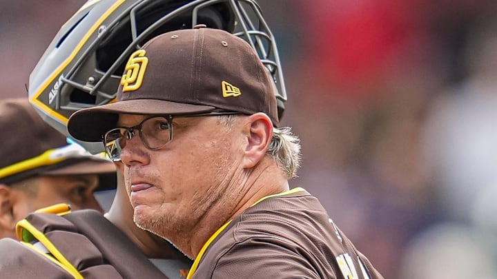 May 25, 2025; Cumberland, Georgia, USA; San Diego Padres manager Mike Shildt (8) shown on the field against the Atlanta Braves during the eighth inning at Truist Park. Mandatory Credit: Dale Zanine-Imagn Images