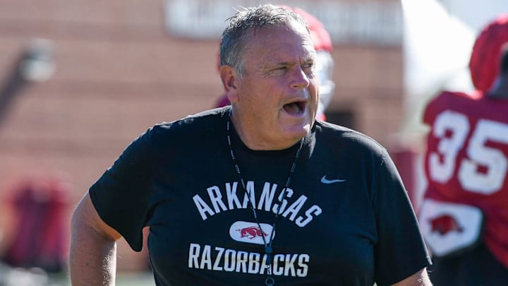Arkansas Razorbacks coach Sam Pittman prepares team during fall practice prior to the 2023 season. CREDIT: Andy Hodges-allHOGS