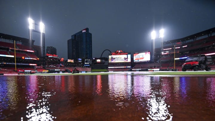 May 26, 2024; St. Louis, Missouri, USA; A general view of a flooded Busch Stadium during a weather delay before a game between the St. Louis Cardinals and the Chicago Cubs. Mandatory Credit: Jeff Curry-USA TODAY Sports May 26, 2024; St. Louis, Missouri, USA; A general view of a flooded Busch Stadium during a weather delay before a game between the St. Louis Cardinals and the Chicago Cubs. Mandatory Credit: Jeff Curry-USA TODAY Sports