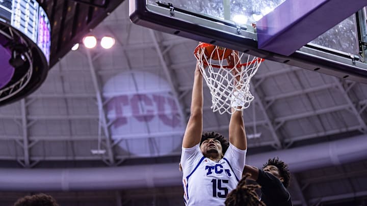 David Punch dunks the ball in TCU's win over Texas State on Tuesday, November 12, 2024.