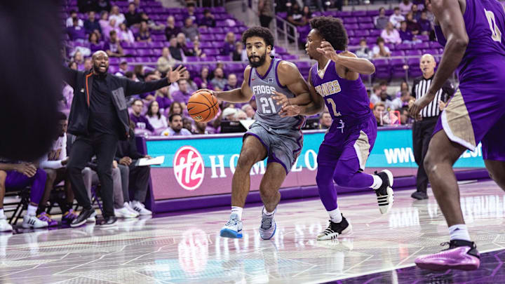Noah Reynolds drives to the basket in TCU's win over Alcorn State on November 19, 2024.