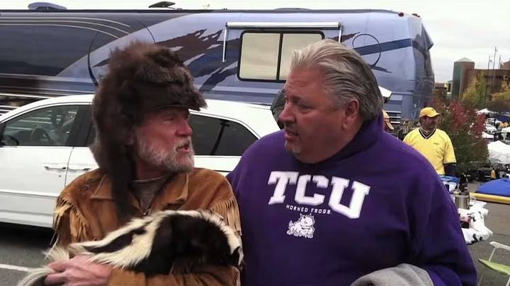 KillerFrogs’ Scott Nix interviews a West Virginia fan in Morgantown in this undated screenshot from a vintage KillerFrogs video. | Credit: KillerFrogs.com