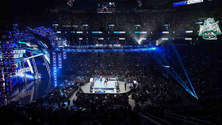 A wide shot of the WWE Friday Night SmackDown arena. A wide shot of the WWE Friday Night SmackDown arena.