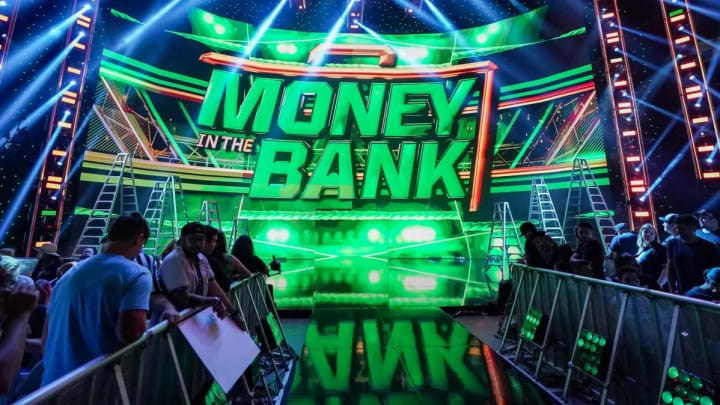 The WWE Money in the Bank stage during the event in a packed arena. The WWE Money in the Bank stage during the event in a packed arena.