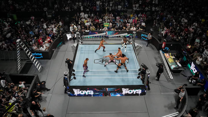 Six men competing in the WWE men's Money in the Bank 2024 ladder match.