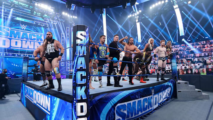 Ring full of WWE SmackDown talent. Ring full of WWE SmackDown talent.