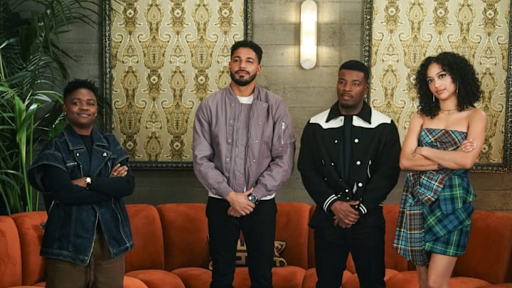 All American -- “Things Done Changed” -- Image Number: ALA601a_0574r -- Pictured (L-R): Bre-Z as Tamia Cooper, Michael Evans Behling as Jordan Baker, Daniel Ezra as Spencer James, and Samantha Logan as Olivia Baker -- Photo: Troy Harvey/The CW -- © 2024 The CW Network, LLC. All Rights Reserved.