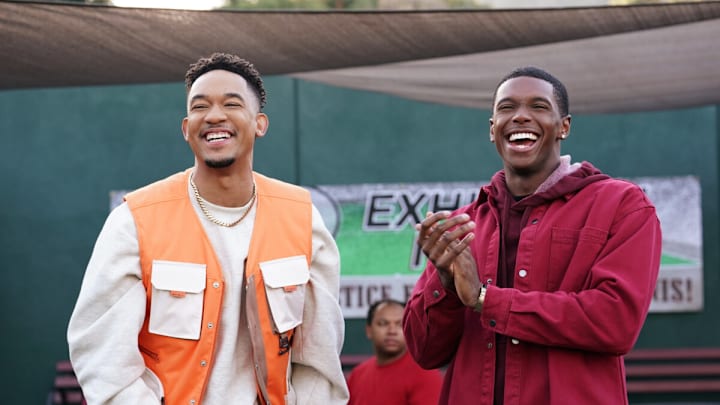 All American: Homecoming -- “Diary” -- Image Number: AHC215a_0009r -- Pictured (L - R): Peyton Alex Smith as Damon Sims and Martin Bobb-Semple as Lando -- Photo: Troy Harvey/The CW -- © 2023 The CW Network, LLC. All Rights Reserved.