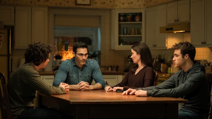 Superman & Lois -- “A Regular Guy” -- Image Number: SML407a_0346r -- Pictured (L-R): Alexander Garfin as Jordan Kent, Tyler Hoechlin as Clark Kent, Elizabeth Tulloch as Lois Lane, and Michael Bishop as Jonathan Kent -- Photo: Colin Bentley/The CW -- © 2024 The CW Network, LLC. All Rights Reserved.