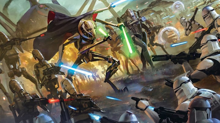Star Wars: Legion, the massed combat miniatures tabletop game from Atomic Mass Games with General Grievous battling clone troopers. Image Credit: StarWars.com