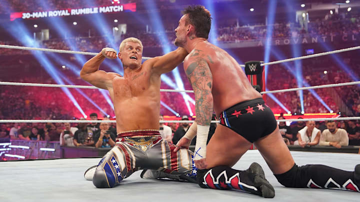 Cody Rhodes and CM Punk compete in the WWE Royal Rumble 2024.