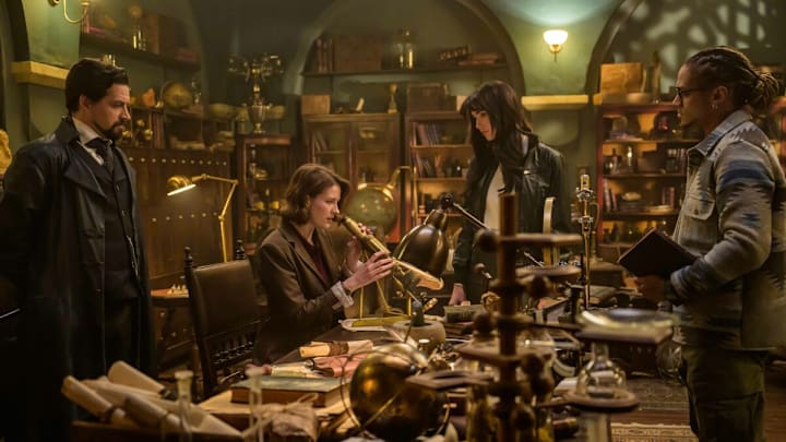 The Librarians: The Next Chapter -- Image Number: LIB102_0209r -- Pictured (L-R): Callum McGowan as Vikram Chamberlain, Olivia Morris as Lysa Pascal, Jessica Green as Charlie Cornwall, and Bluey Robinson as Connor Green -- Photo: Aleksandar Letic/The CW -- © 2024 The CW Network, LLC. All Rights Reserved.