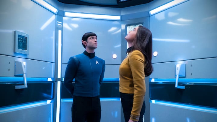 "Q&A" -- Episode SF #007 -- Pictured (l-r): Ethan Peck as Spock; Rebecca Romijn as Number One; of the the CBS All Access series STAR TREK: SHORT TREKS. Photo Cr: Michael Gibson/CBS ©2019 CBS Interactive, Inc. All Rights Reserved.