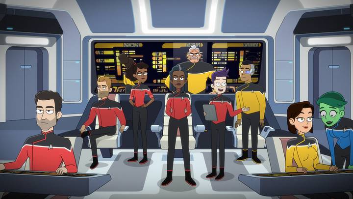 Pictured (L-R): Jerry O'Connell as Commander Ransom, Tawny Newsome as Ensign Beckett Mariner, Dawnn Lewis as Captain Freeman, Fred Tatasciore as Lieutenant Shaxs, Jack Quaid as Ensign Brad Boimler and Eugene Cordero as Ensign Rutherford of the CBS All Access series STAR TREK: LOWER DECKS. Photo Cr: Best Possible Screen Grab CBS 2020 CBS Interactive, Inc. All Rights Reserved. Pictured (L-R): Jerry O'Connell as Commander Ransom, Tawny Newsome as Ensign Beckett Mariner, Dawnn Lewis as Captain Freeman, Fred Tatasciore as Lieutenant Shaxs, Jack Quaid as Ensign Brad Boimler and Eugene Cordero as Ensign Rutherford of the CBS All Access series STAR TREK: LOWER DECKS. Photo Cr: Best Possible Screen Grab CBS 2020 CBS Interactive, Inc. All Rights Reserved.