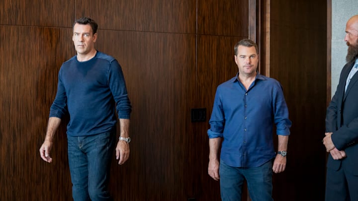 "Let Fate Decide" -- Pictured: David James Elliott (Navy Captain Harmon Rabb, Jr.) and Chris O'Donnell (Special Agent G. Callen). Callen and Sam work with Navy Capt. Harmon Rabb, Jr. (David James Elliott) to apprehend spies aboard the USS Allegiance. Also, Hetty partners with Marine Lt. Col. Sarah "Mac" Mackenzie to neutralize a missile attack in the Middle East, and Kensi and Deeks are trapped in a mobile CIA unit in Iraq while under attack by ISIS, on the 11th season premiere of NCIS: LOS