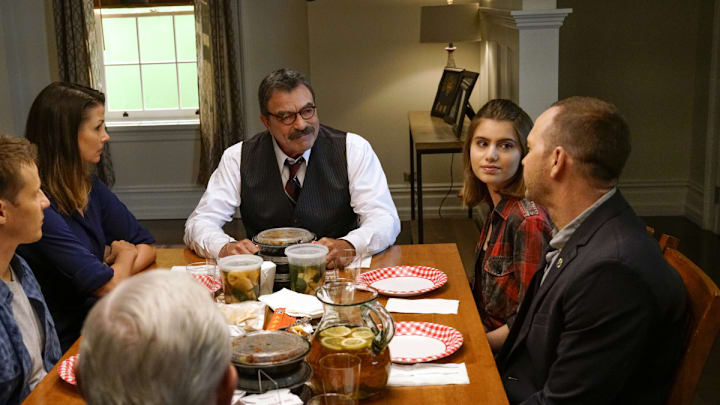 "Cutting Losses" -- Danny contemplates retiring until Erin enlists him to help her with a case involving her ex-husband, Jack (Peter Hermann). Also, Jamie and Eddie go undercover as a couple, and Frank butts heads with the new mayor of New York City, Margaret Dutton (Lorraine Bracco), on the eighth season premiere of BLUE BLOODS, Friday, Sept. 29 (10:00-11:00 PM, ET/PT) on the CBS Television Network. Pictured: Will Estes, Bridget Moynihan, Tom Selleck, Sami Gayle, Donnie Wahlberg, Len Cariou.