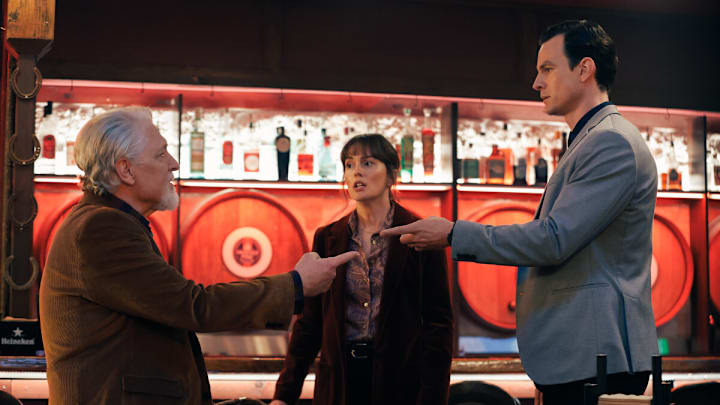 Good Cop/Bad Cop -- “The King's Assassin” -- Image Number: GBC102_0233r -- Pictured (L-R): Clancy Brown as Big Hank, Leighton Meester as Lou, and Luke Cook as Henry -- Photo: Vince Valitutti/Future Shack Entertainment -- © 2025 Future Shack Entertainment. All Rights Reserved.