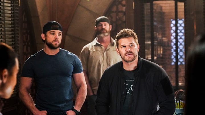 "Reckoning" -- As Ray continues to lead the mission in Syria, the stakes grow higher when members of Bravo team learn the truth about their target, on SEAL TEAM, Wednesday, March 10 (9:00-10:00 PM, ET/PT) on the CBS Television Network. Pictured L to R: Max Thieriot as Clay Spenser, Scott Foxx as Full Metal, and David Boreanaz as Jason Hayes. Photo: Monty Brinton/CBS ©2021 CBS Broadcasting, Inc. All Rights Reserved.